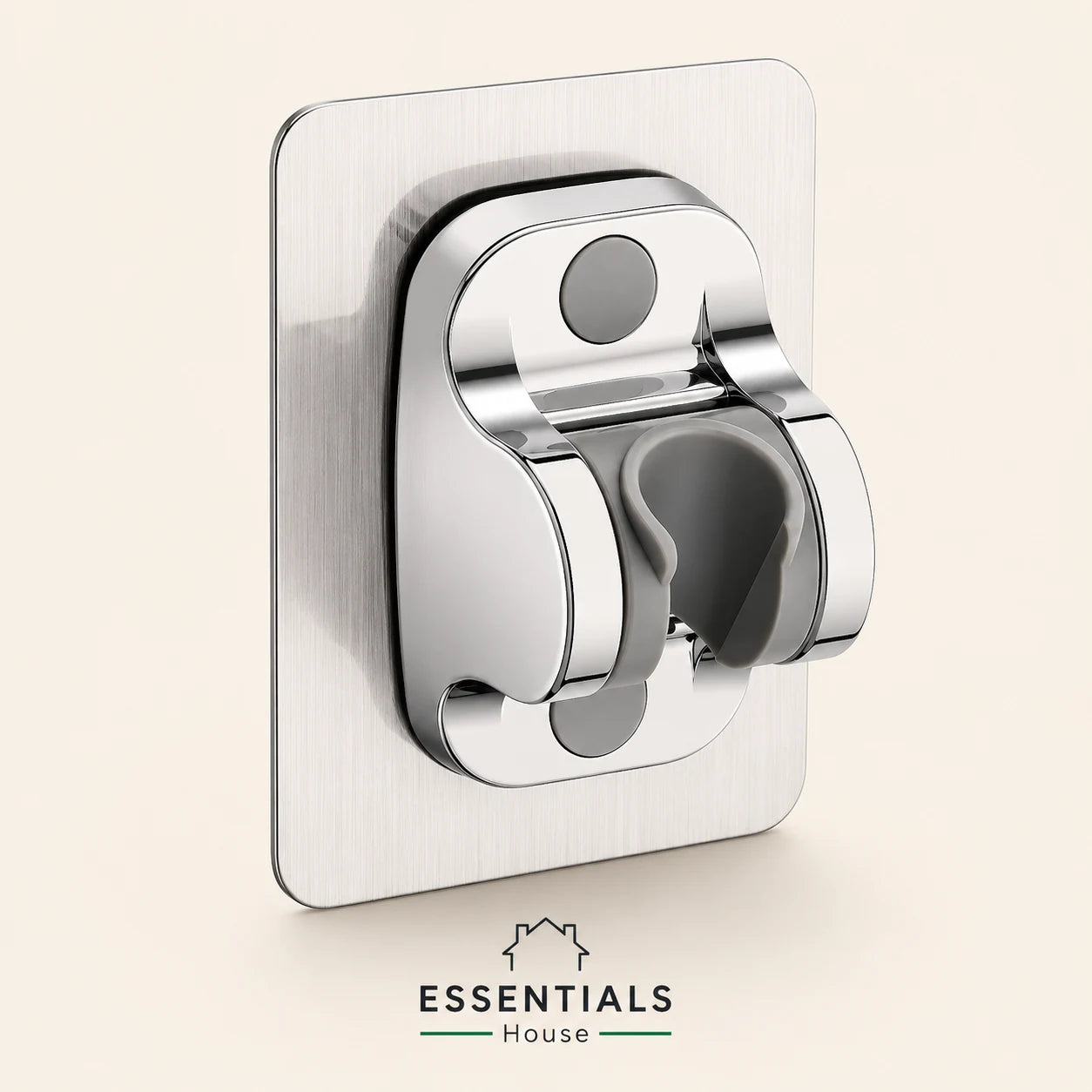 A polished chrome wall-mounted hook with a square brushed-metal backing plate, shown against a light beige background. The brand name 'ESSENTIALS House' is displayed at the bottom.