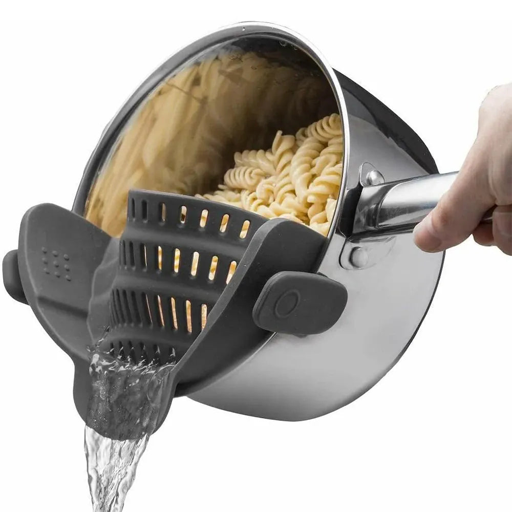 Essentials House Gray Silicone Kitchen Strainer Clip On Pots and Pans Drain Rack Pasta Noodle Vegetable Fruit Strainer