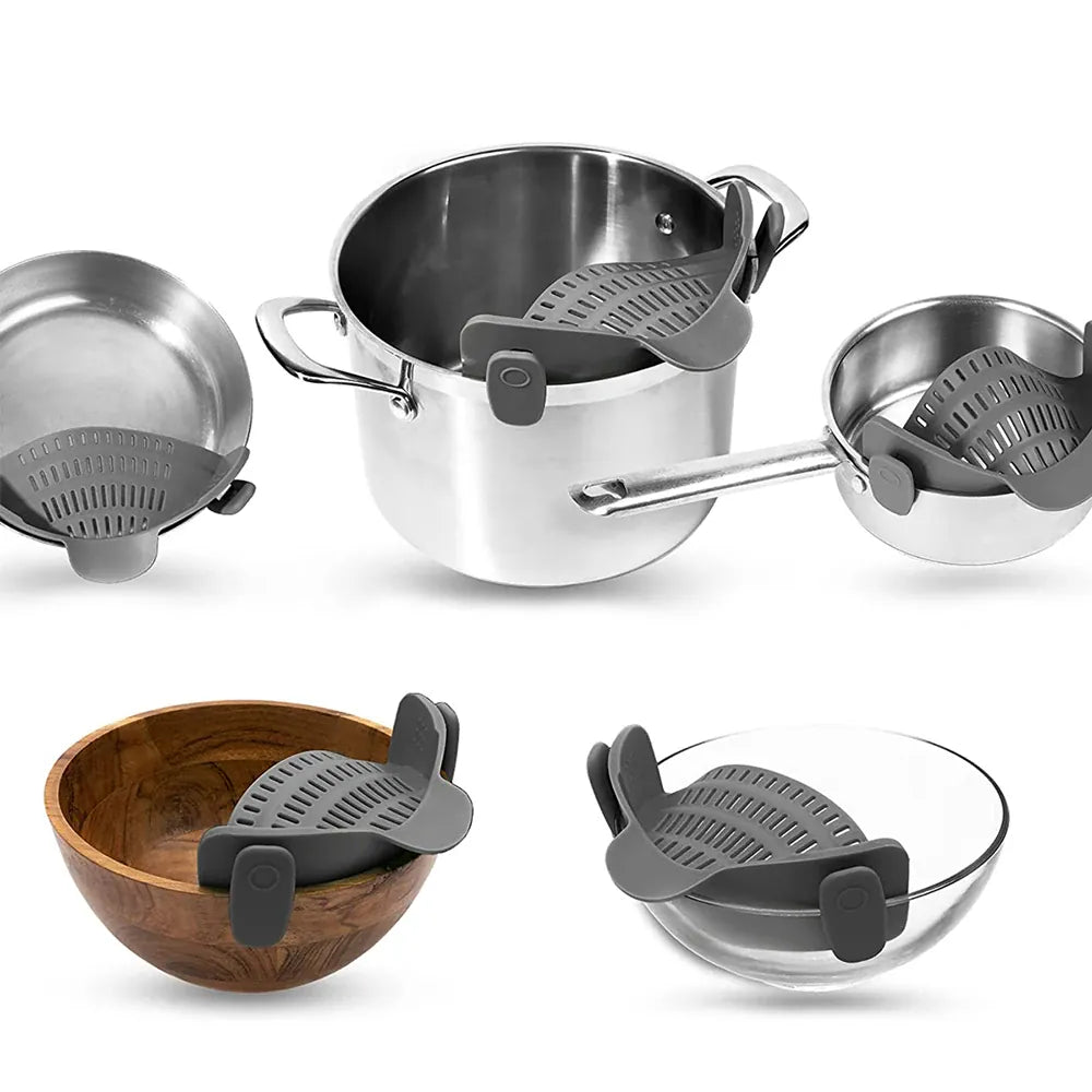 Essentials House Silicone Kitchen Strainer Clip On Pots and Pans Drain Rack Pasta Noodle Vegetable Fruit Strainer Colander