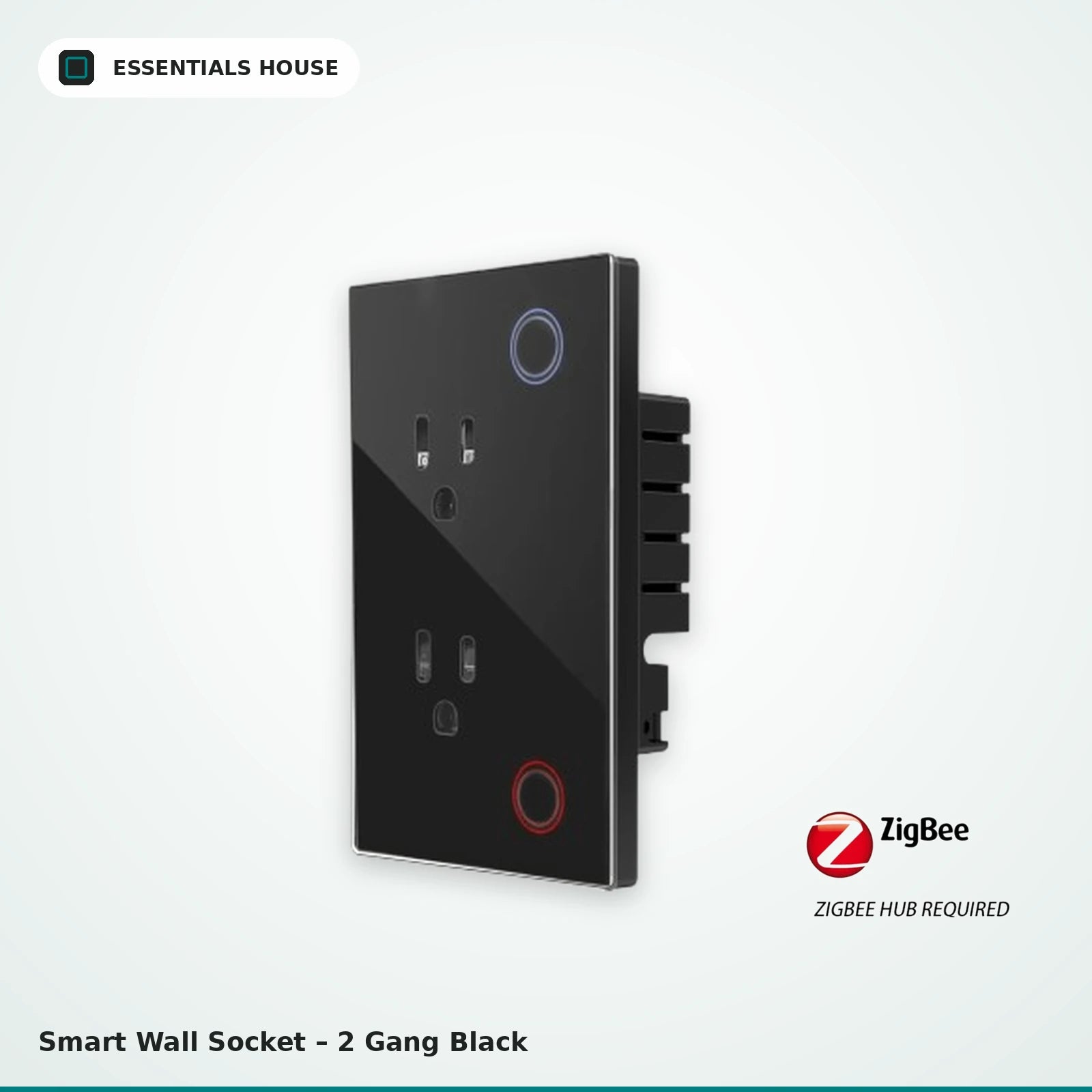 A black 2-gang smart wall socket by Essentials House, featuring a glossy glass faceplate with dual AC outlets, a blue