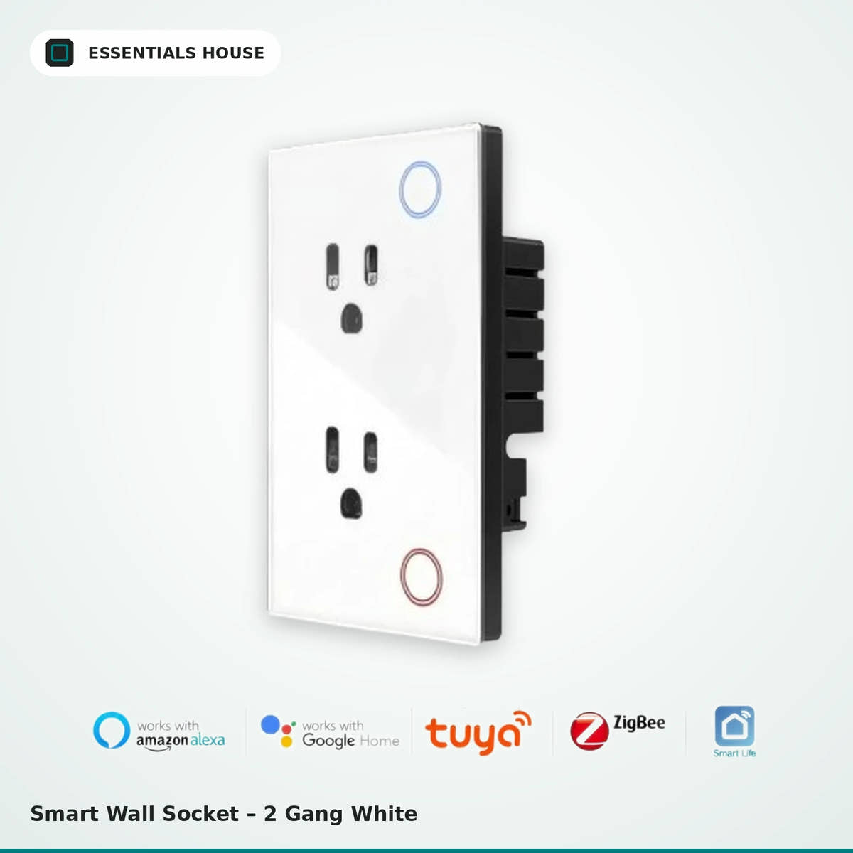 White Tuya Zigbee smart wall outlet with dual independently controlled sockets