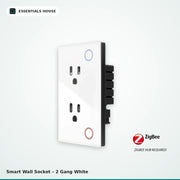 A white 2-gang smart wall socket with a glossy glass faceplate and black backplate, shown on a light gray background