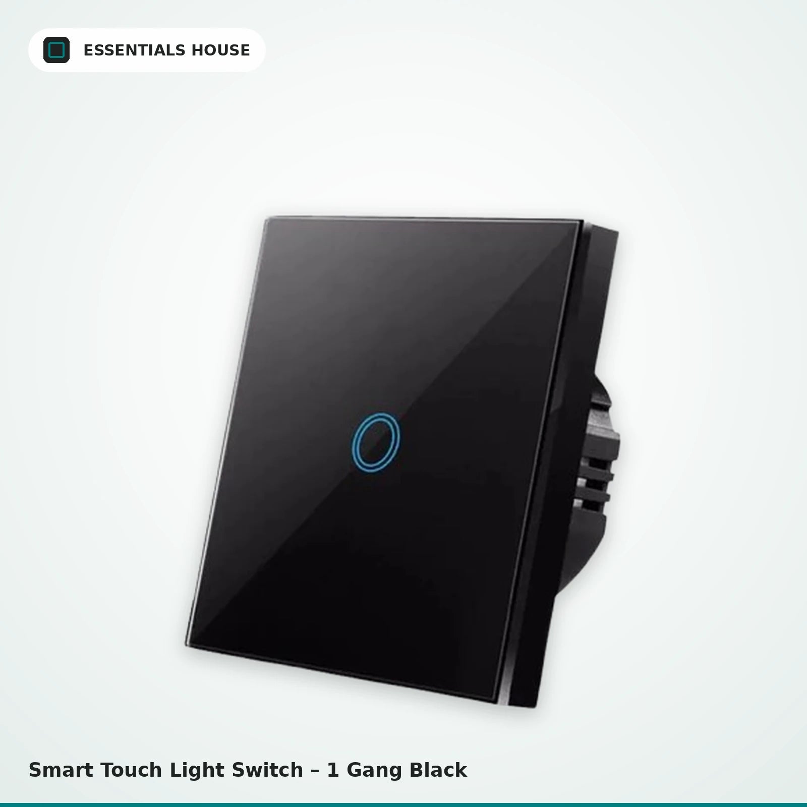 A 1-gang black smart touch light switch with a glossy glass faceplate and a single circular touch point
