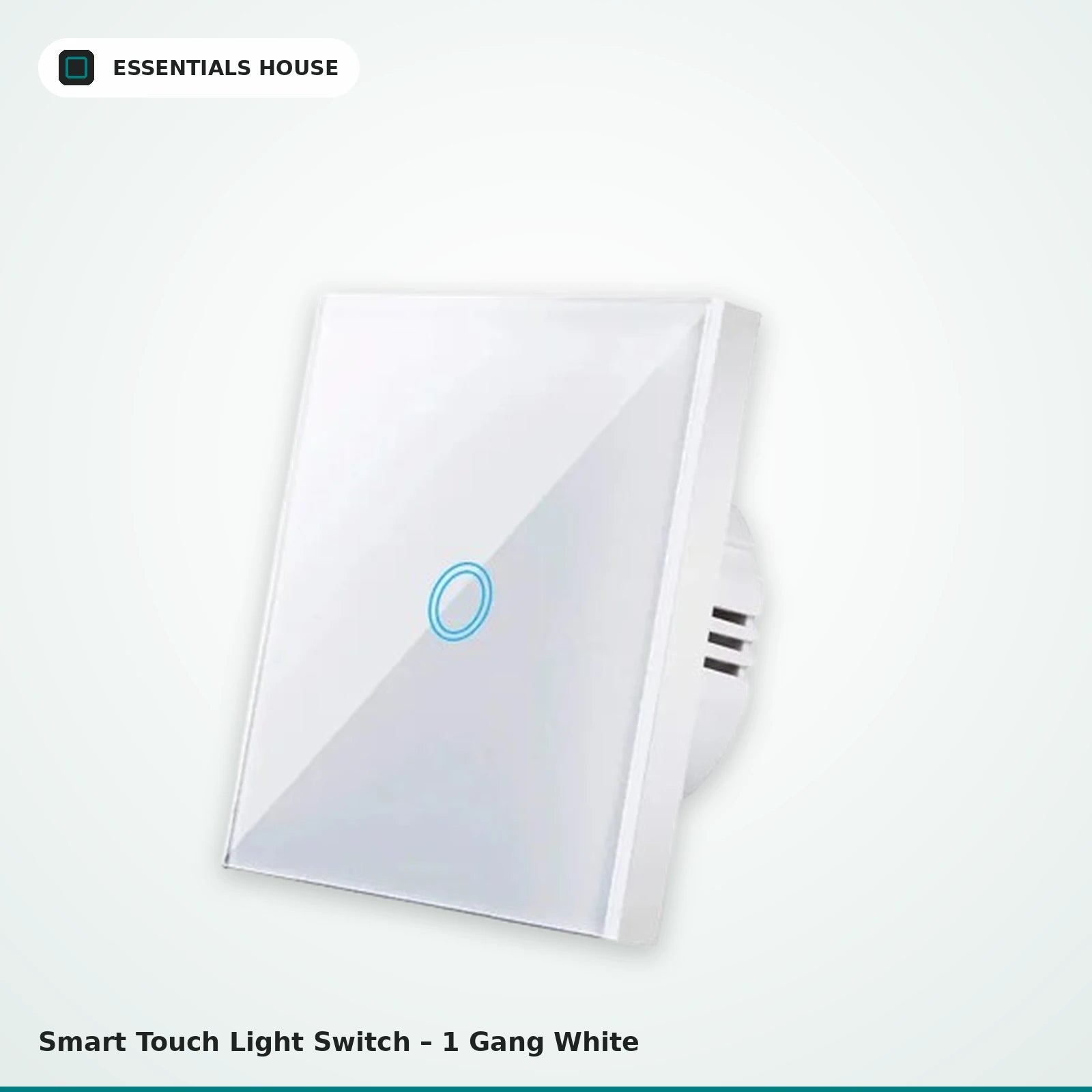 A 1-gang white smart touch light switch by Essentials House, featuring a glossy white faceplate with a blue circular