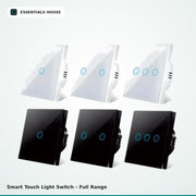 Six smart touch light switches by Essentials House, showing both white single-toggle and white three-toggle versions on top