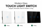 Three modern touch light switches displayed on a white background: a single white switch, a double white switch, and a triple