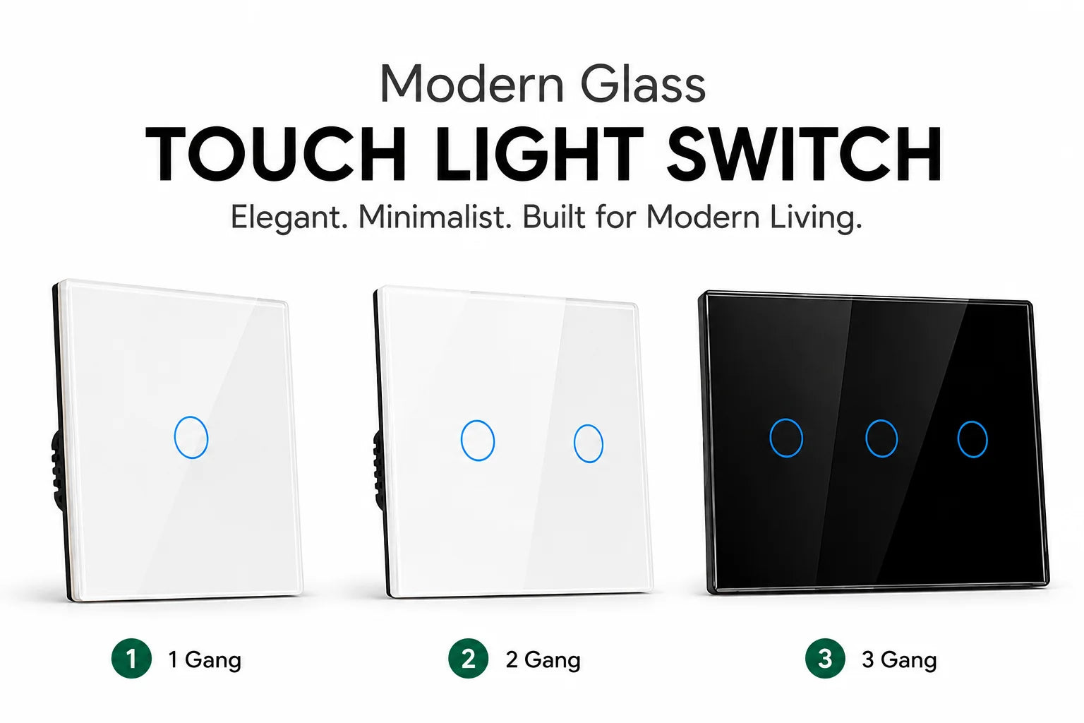 Three modern touch light switches displayed on a white background: a single white switch, a double white switch, and a triple