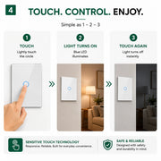 An instructional graphic showing a smart wall switch with three steps: touching the circle to activate it, the light turning