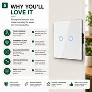 An infographic detailing the features of a modern white touch sensor light switch with a blue LED indicator, set against
