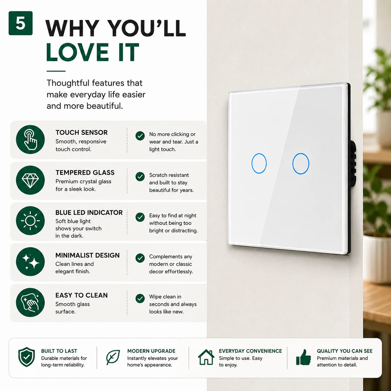 An infographic detailing the features of a modern white touch sensor light switch with a blue LED indicator, set against
