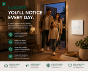 A promotional graphic showing a black smart touch light switch in a warmly lit entryway