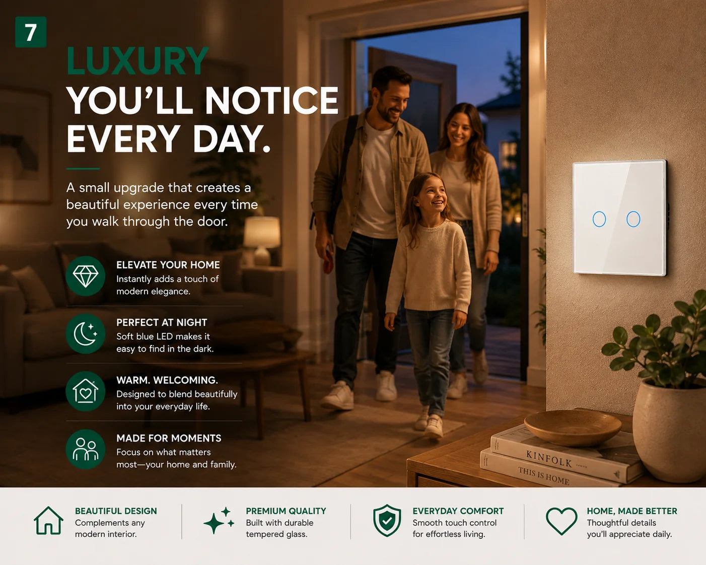 A promotional graphic showing a black smart touch light switch in a warmly lit entryway