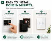 An instructional graphic showing step 8 of installing a white double-gang wall switch