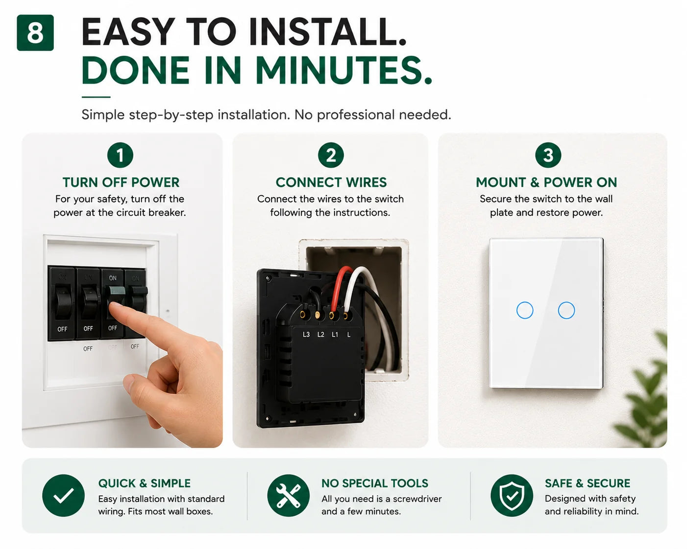 An instructional graphic showing step 8 of installing a white double-gang wall switch