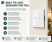 A white rectangular smart wall switch with two circular touch buttons, shown mounted on a light beige wall in a home interior