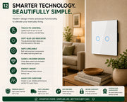 A smart touch wall switch panel mounted on a light gray wall in a styled home interior scene, with text callouts on the left