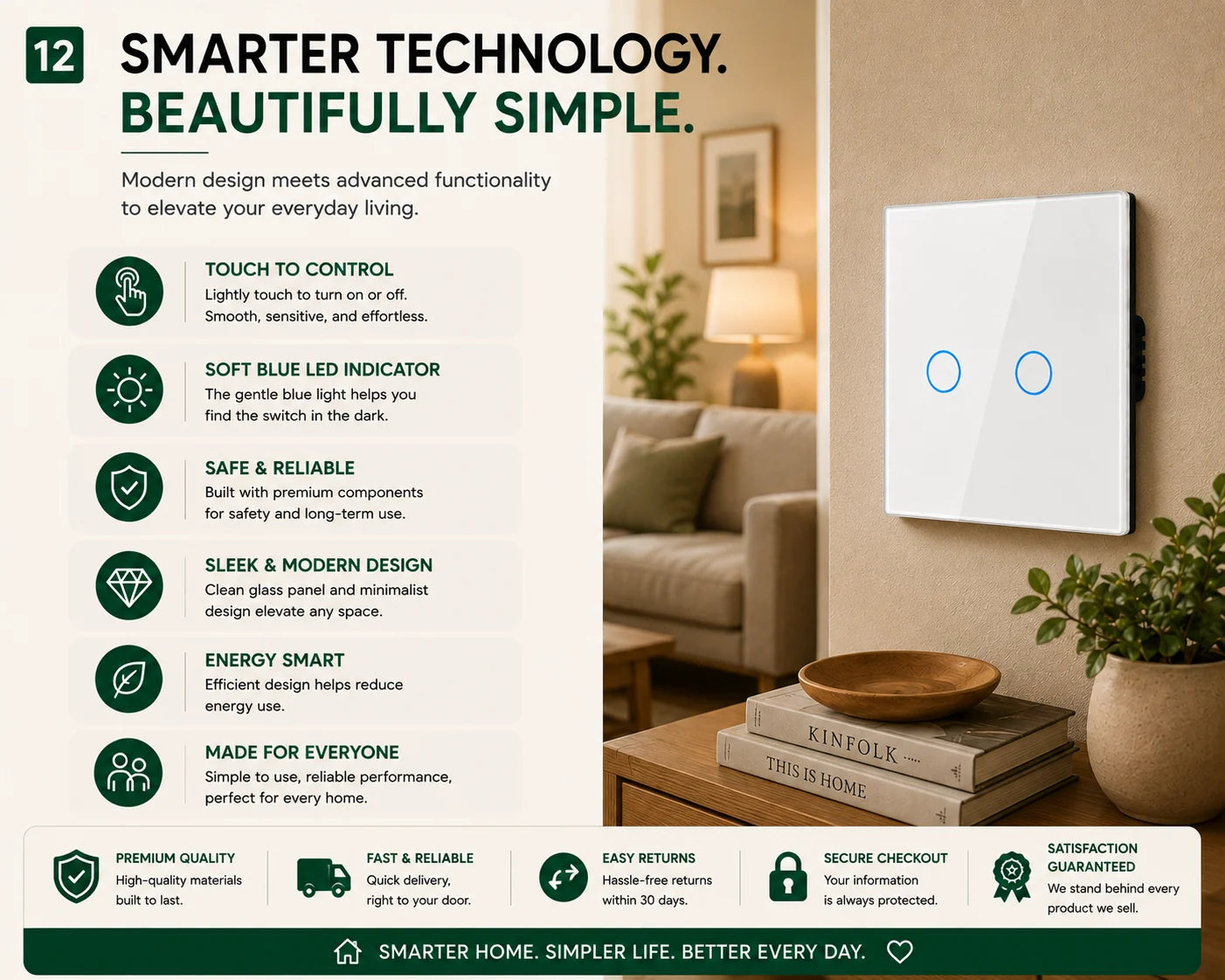 A smart touch wall switch panel mounted on a light gray wall in a styled home interior scene, with text callouts on the left