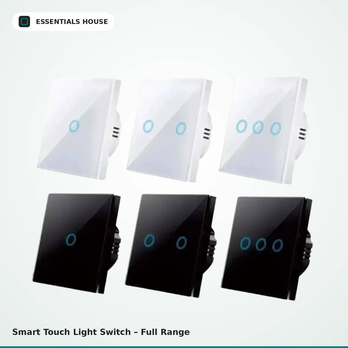 Essentials House - Smart touch light switches with tempered glass panels in black and white finishes, available in 1-gang