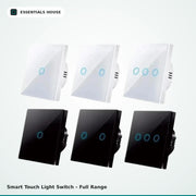 Essentials House - Smart touch light switches with tempered glass panels in black and white finishes, available in 1-gang