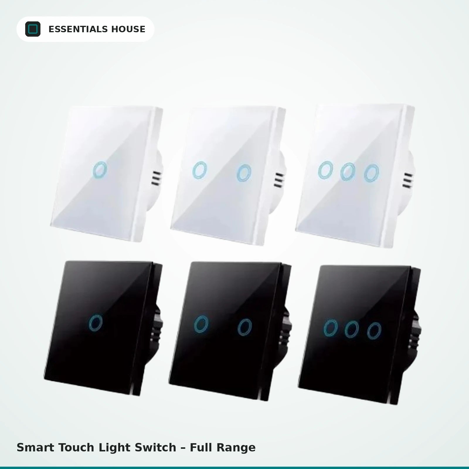 Essentials House - Smart touch light switches with tempered glass panels in black and white finishes, available in 1-gang