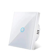 White glass-panel touch light switch with one blue circular touch button, shown at an angle on a white background.