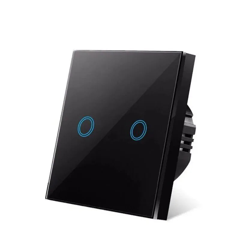 Black glass-panel touch light switch with two blue circular touch buttons, shown at an angle on a white background.