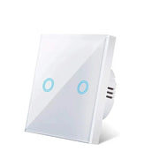 White glass-panel touch light switch with two blue circular touch buttons, shown at an angle on a white background.