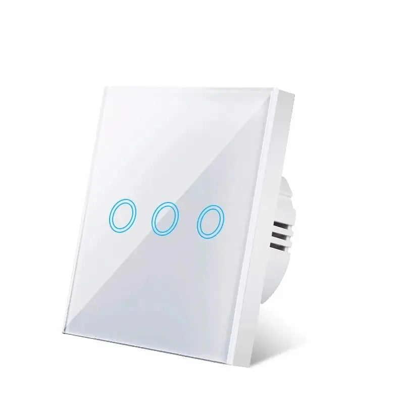 White glass-panel touch light switch with three blue circular touch buttons, shown at an angle on a white background.