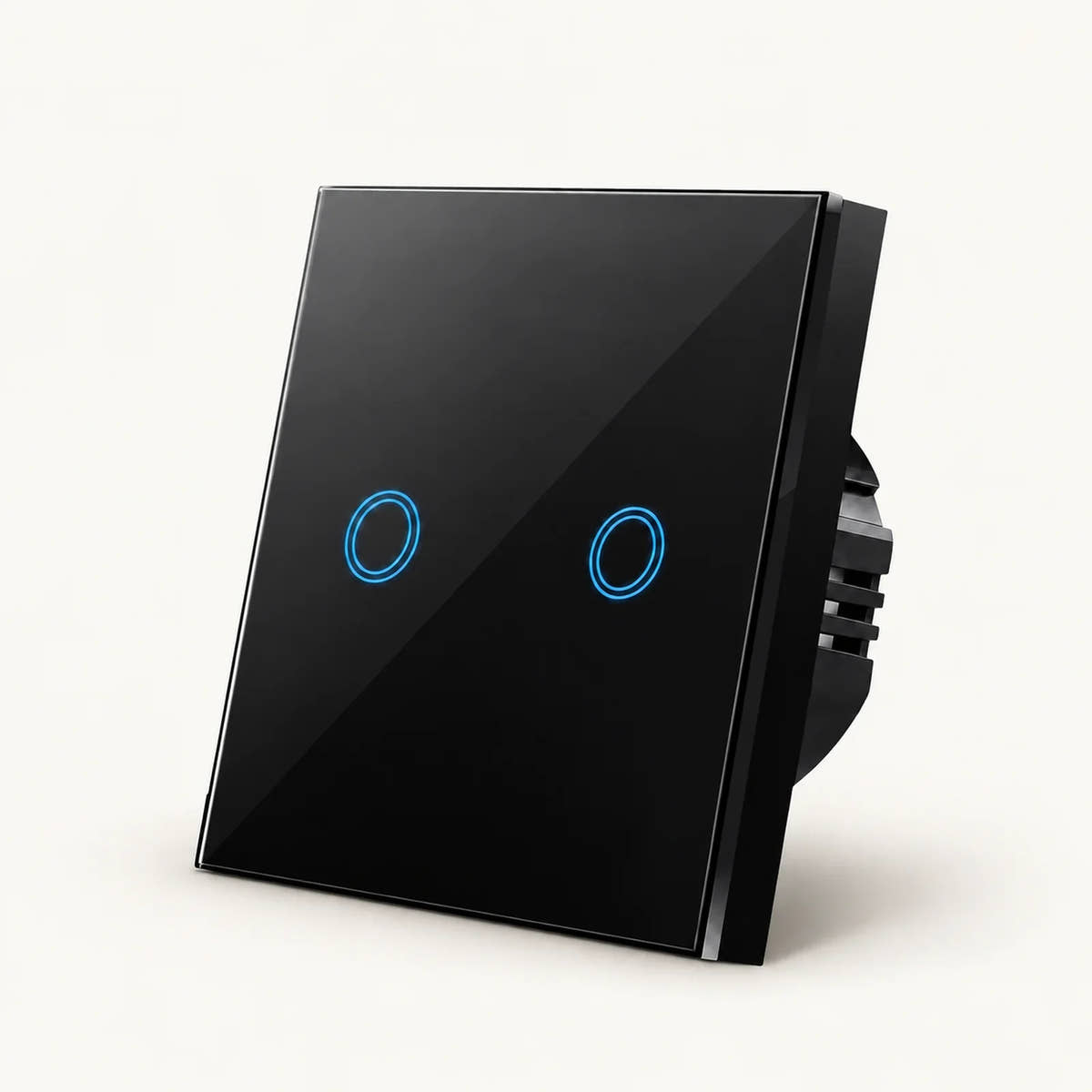 Black two-gang glass touch light switch with two blue circular controls on a warm off-white background.