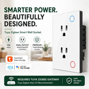 White Tuya Zigbee smart wall socket with black side frame, shown on a light background with marketing text and compatibility