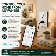 Promotional graphic for a smart home device showing a hand holding a smartphone connected to a wall outlet, with a living