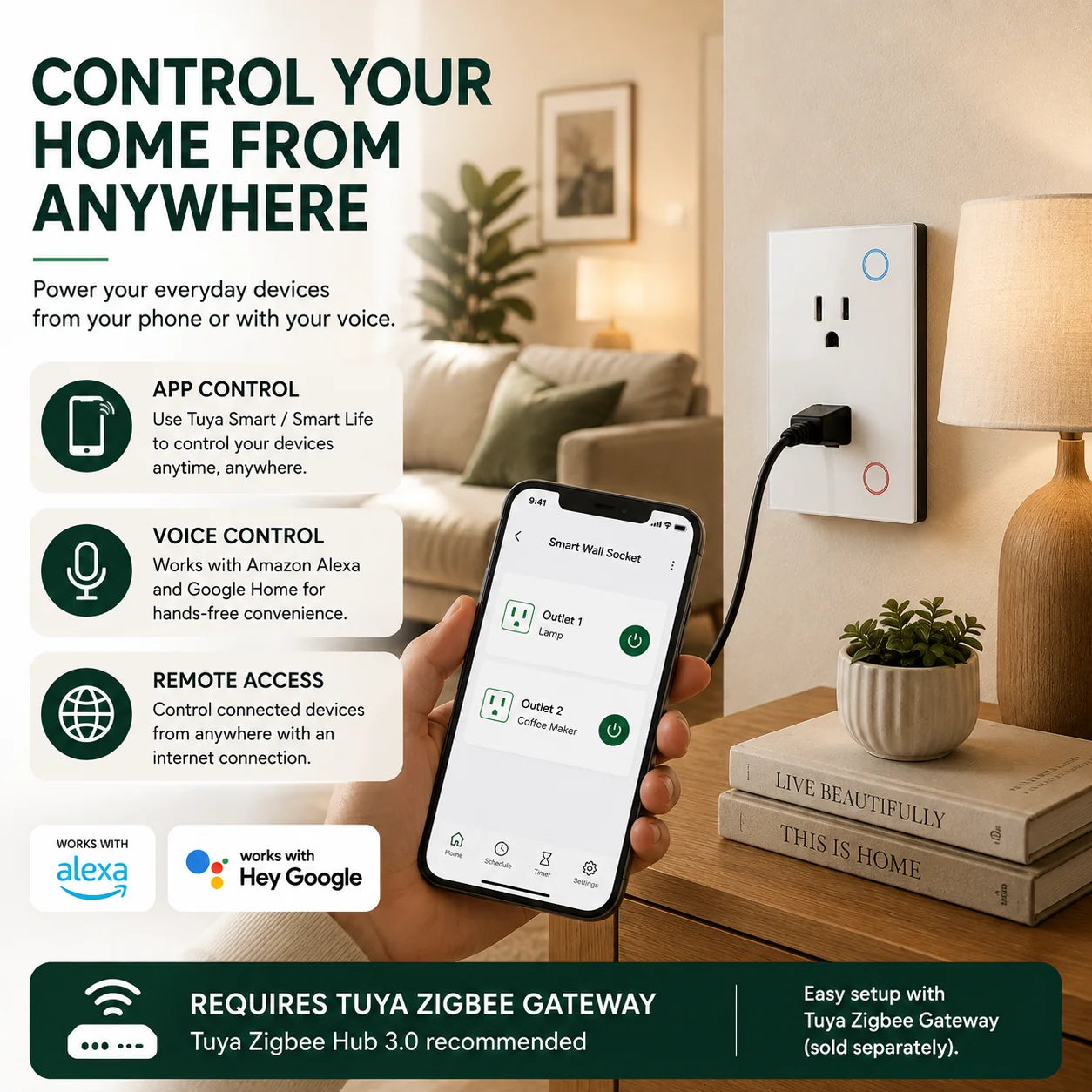 Promotional graphic for a smart home device showing a hand holding a smartphone connected to a wall outlet, with a living