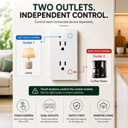 A promotional graphic for a wall outlet with two independently controllable touch controls