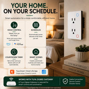 A smart outlet control panel mounted on a bedroom wall, shown in a styled home interior with a bed, nightstand, books,