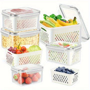 Stackable food storage containers and removable colander baskets holding fruits and vegetables