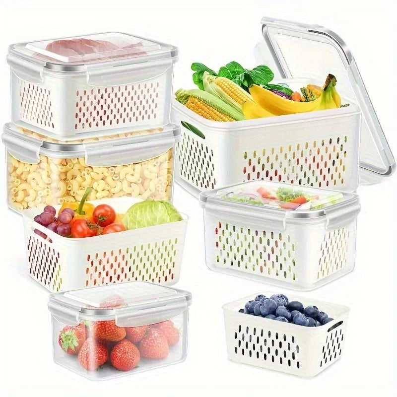 Stackable food storage containers and removable colander baskets holding fruits and vegetables