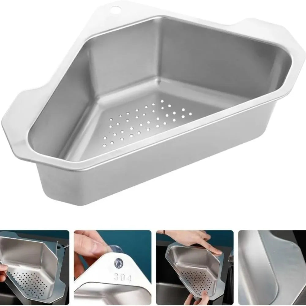 Essentials House 1Pcs Sink Drainer Basket Stainless Steel Triangle Sink Strainer for Hanging Soap Drain Rack Faucet Corner