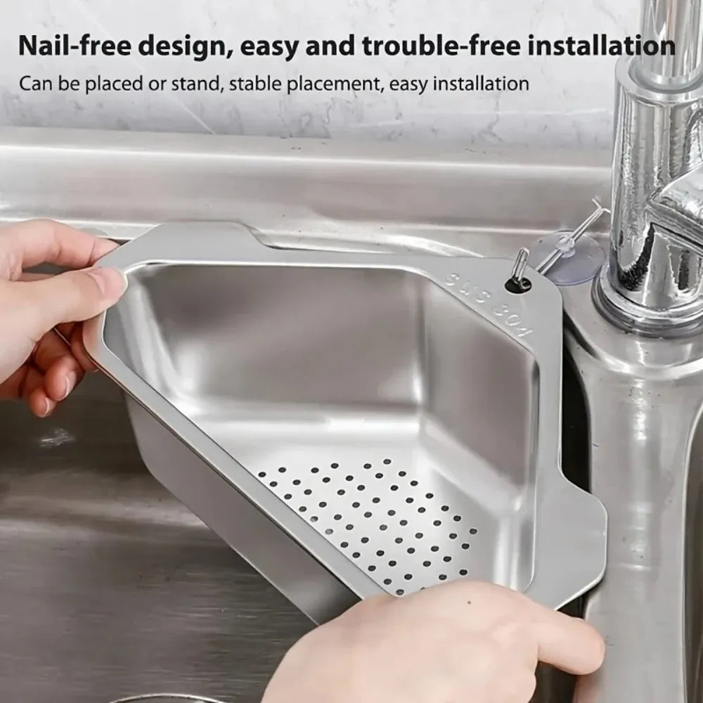 Essentials House 1Pcs Sink Drainer Basket Stainless Steel Triangle Sink Strainer for Hanging Soap Drain Rack Faucet Corner