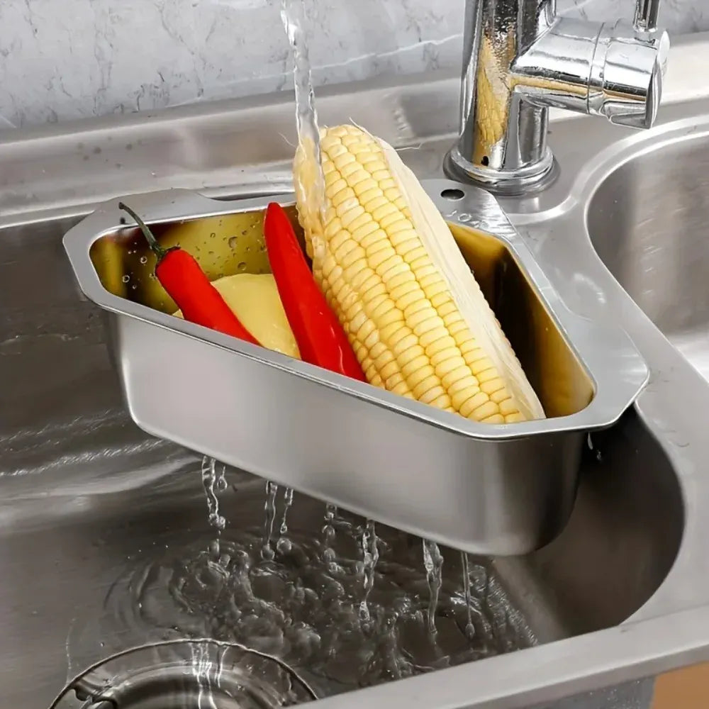 Essentials House 1Pcs Sink Drainer Basket Stainless Steel Triangle Sink Strainer for Hanging Soap Drain Rack Faucet Corner