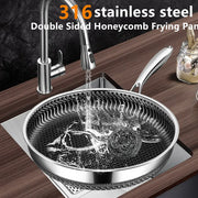 Stainless steel honeycomb frying pan with a laser-engraved nonstick pattern