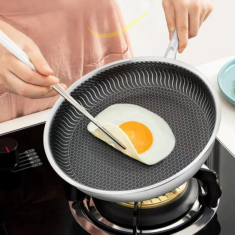 Stainless steel honeycomb frying pan with a laser-engraved nonstick pattern