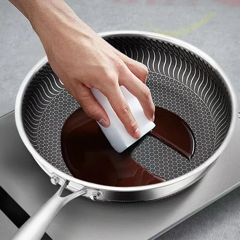 Stainless steel honeycomb frying pan with a laser-engraved nonstick pattern