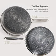 Stainless steel honeycomb frying pan with a laser-engraved nonstick pattern
