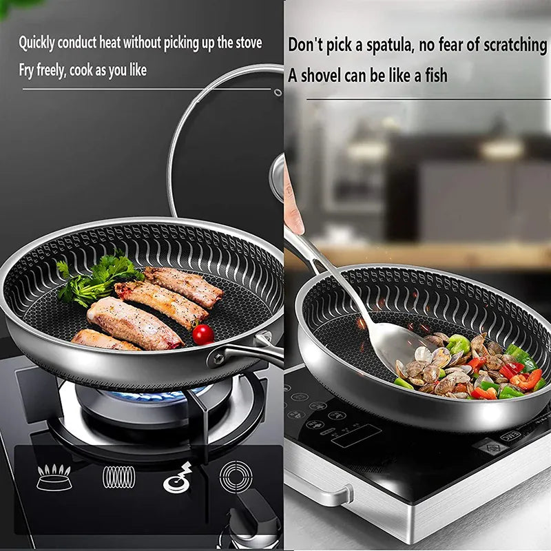Stainless steel honeycomb frying pan with a laser-engraved nonstick pattern
