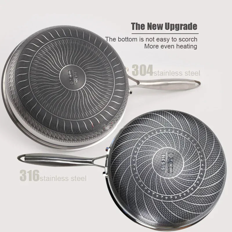 Stainless steel honeycomb frying pan with a laser-engraved nonstick pattern