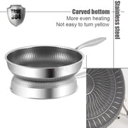 Stainless steel honeycomb frying pan with a carved base