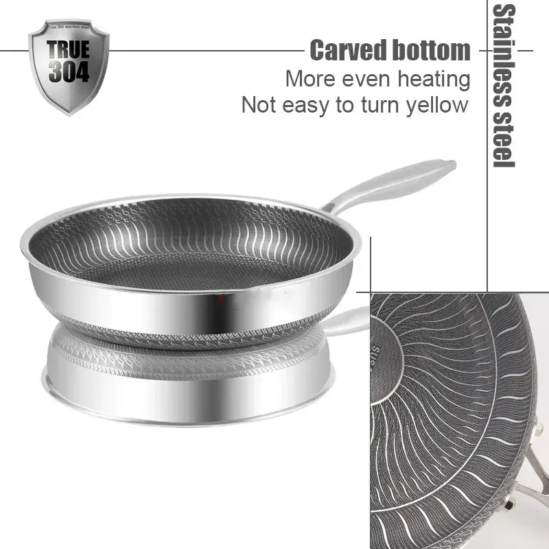Stainless steel honeycomb frying pan with a carved base