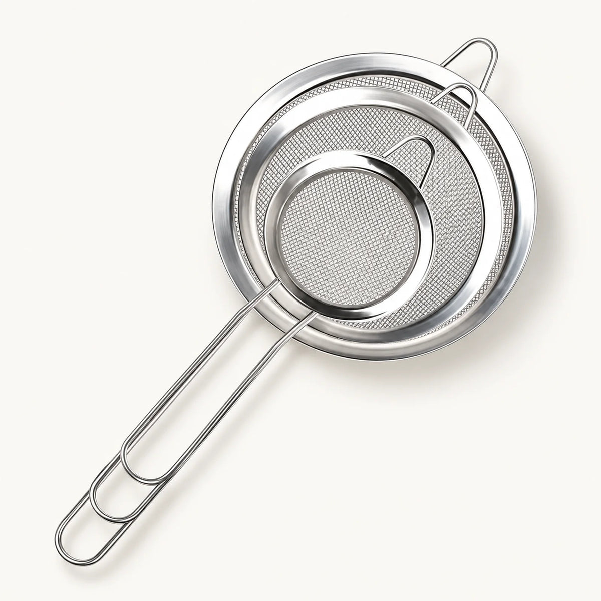 3-Piece Fine Mesh Strainer Set on a warm off-white background with a soft natural shadow.