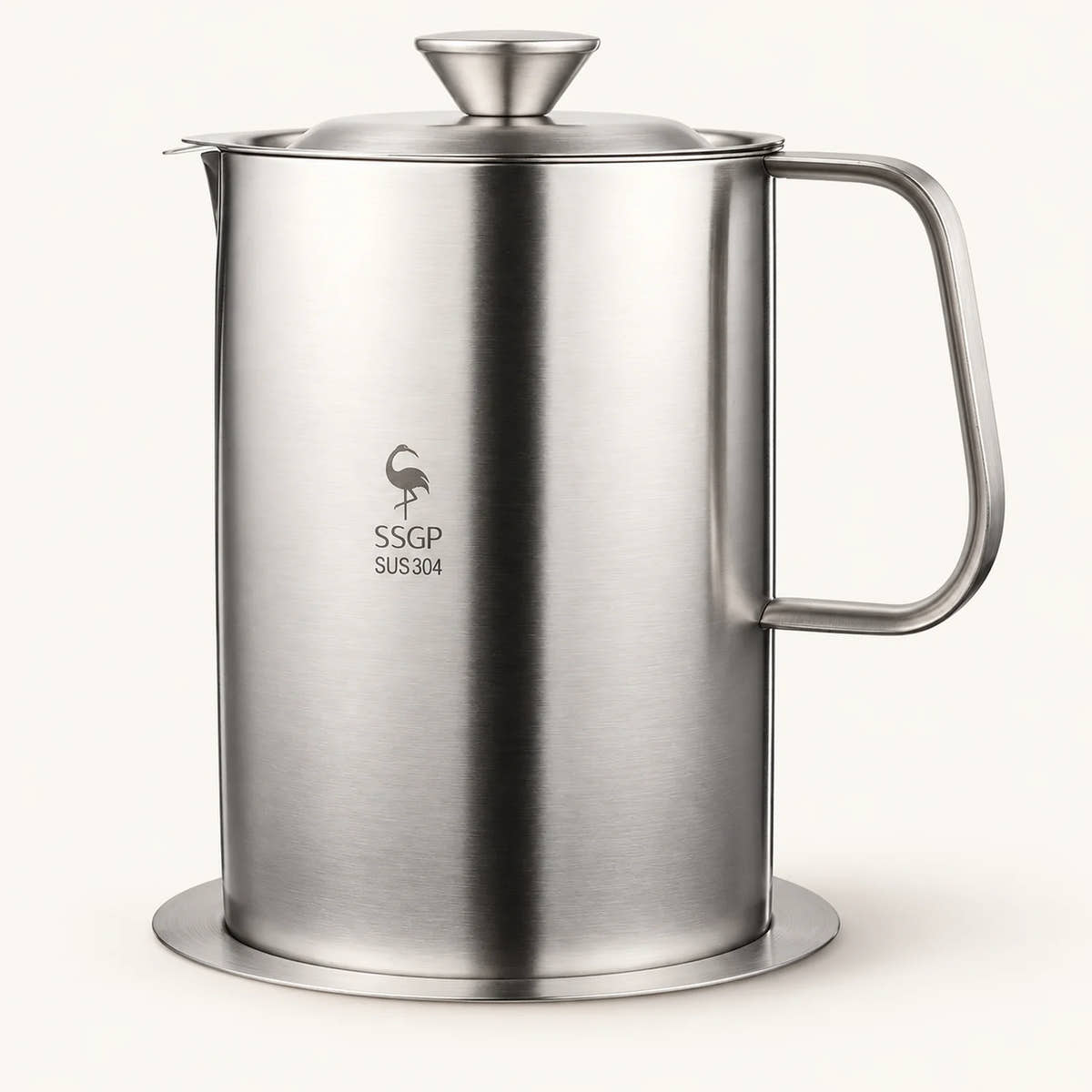 Stainless Steel Cooking Oil Filter Pot on a warm off-white background with a soft natural shadow.