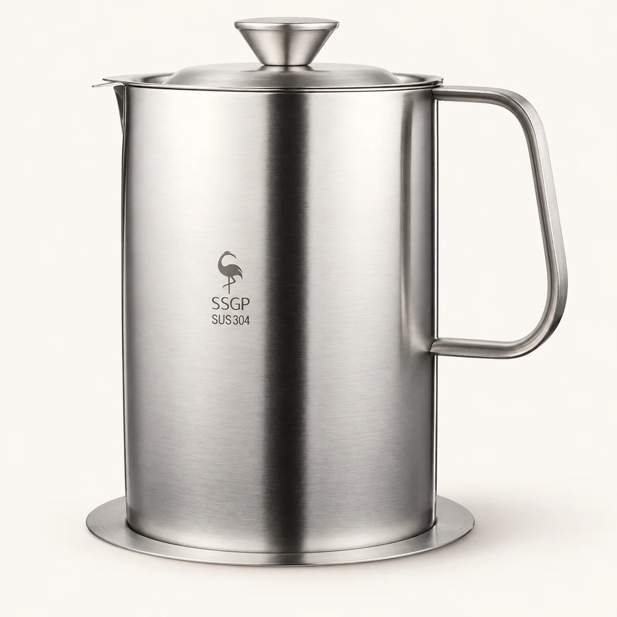 Stainless Steel Cooking Oil Filter Pot on a warm off-white background with a soft natural shadow.